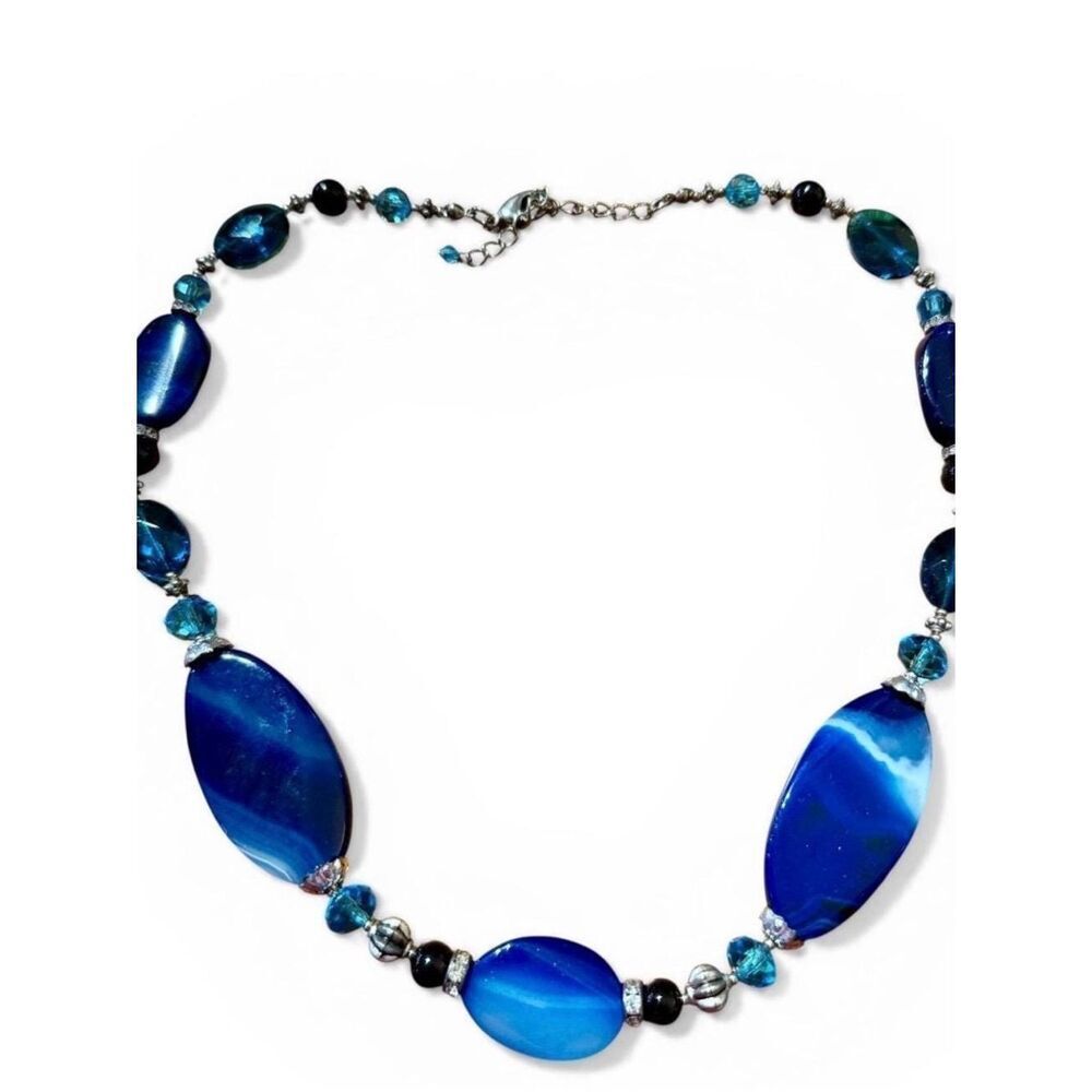 Handcrafted Sapphire Genuine Blue Agate Beaded Necklace 18” Women's Jewelry